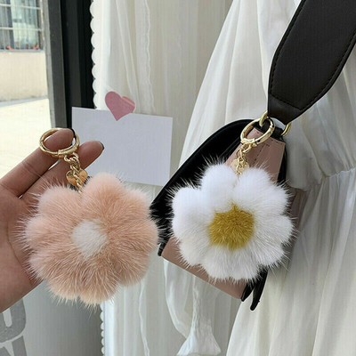 2 PCS Daisy Flower Mink Fur Ball Pompom Keychain Keyring Pendant Bag Charm 8.5cm