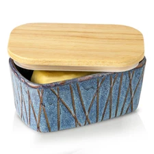 Ceramic Butter Dish with Lid for Countertop Airtight Keeper Wooden Holder