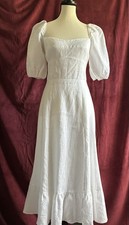 Reformation White Linen Puff-Sleeve Dress Midi Ruffle Hem Slit Women s Size 6