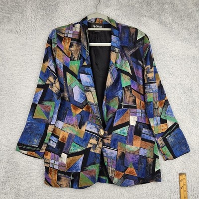 Vintage By Choice Blazer Womens 8 Multicolor Geometric Jacket 3/4 Sleeve 80s