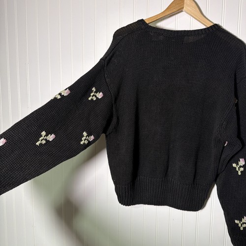 Vintage 90s Hand Knit Silk Cotton Black Spring Floral Sweater Grandma Cottage L - Afbeelding 14 van 15