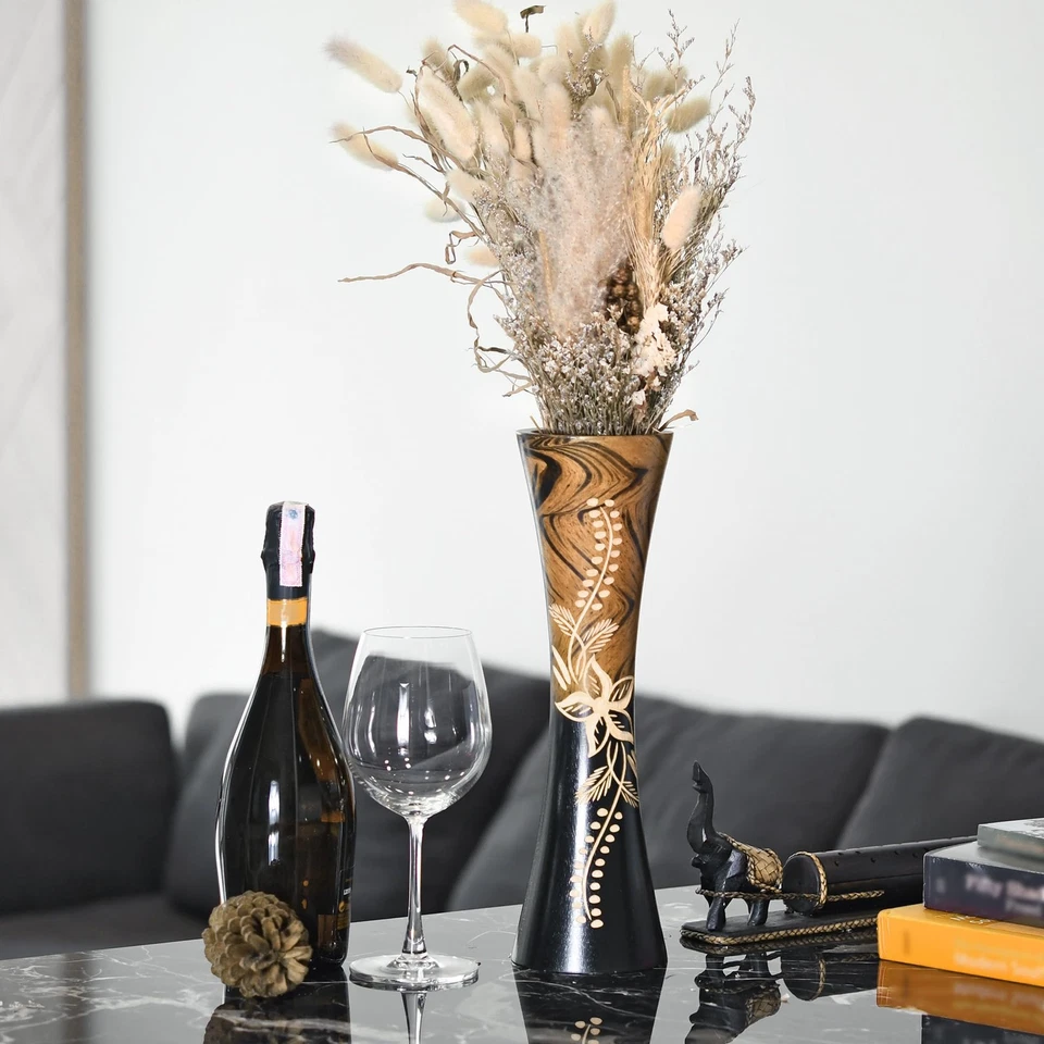 Jarrón de madera curvado de 14 pulgadas con flores tropicales marrón decoración del hogar resistente Foto 2 de 4