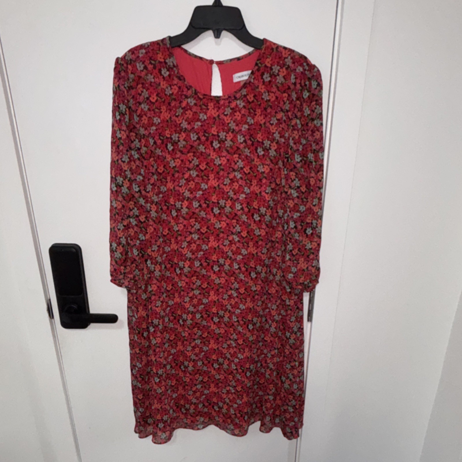 Calvin Klein Red Floral Shift Dress Balloon Long Sleeve Knee Length Size 12