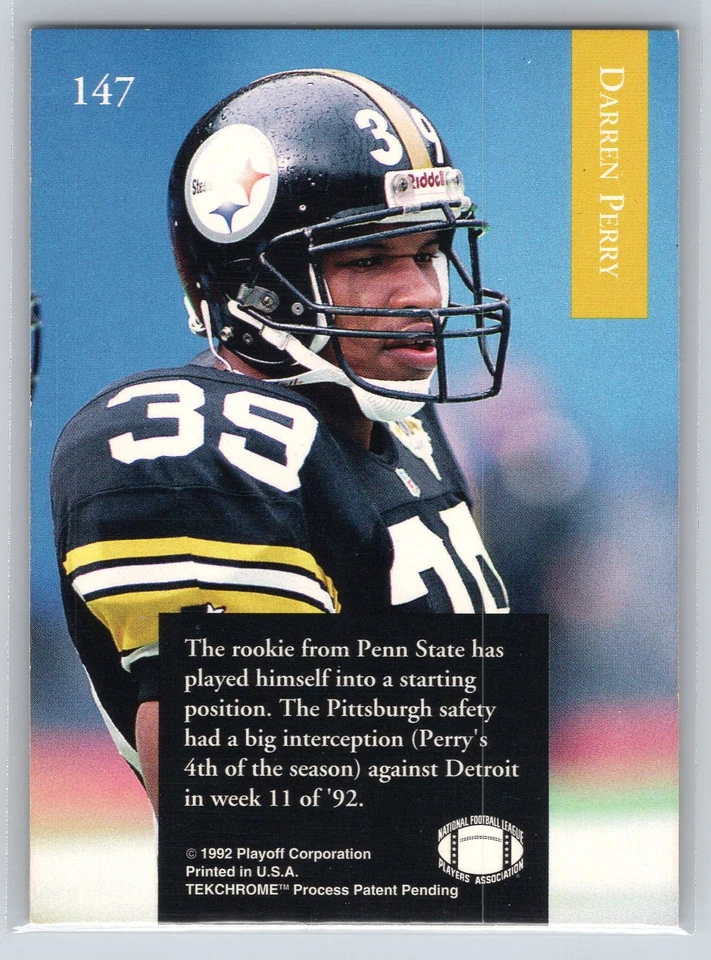 1992 Playoff #147 Darren Perry - Steelers RC Rookie - Image 2 of 2