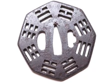 Edo Meiji period Japan antique Hakka Coin pattern Tsuba signed Kacchu No box 