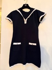 Chanel Black Cashmere Hooded mini dress with contrast white trim - Size 36