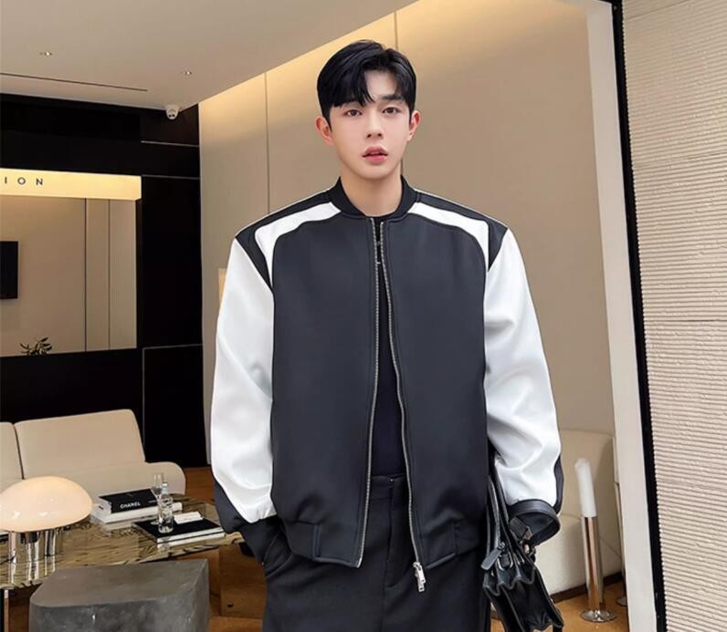 Men's Spring Fashion Stand Collar Long Sleeve Loose Color Matching Jackets Coats