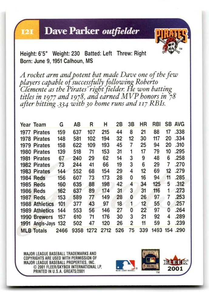 2001 Fleer Greats of the Game Dave Parker Pittsburgh Pirates #121 - Image 2 of 2
