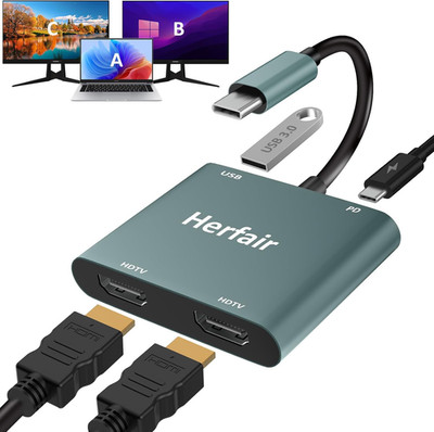 Herfair HDMI Splitter for Dual Monitors Extended Display 1 in 2 Out 4K USB C to