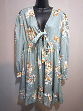 Shein Dress XL Green Floral Front Tie Ruffled Blouson Travel Cruisewear Vacation