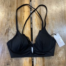 Shade & Shore Ribbed Longline V-Wire Bikini Top Womens 34B Tie-Back Black