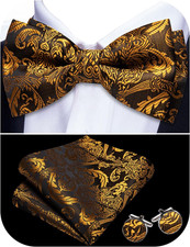 Paisley Striped Bow Tie for Men Silk Pre-Tied Bowtie Pocket Square Cufflinks Set