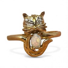 Anillo discoteca gato años 70 ópalo oro amarillo 10K mascota felina de colección