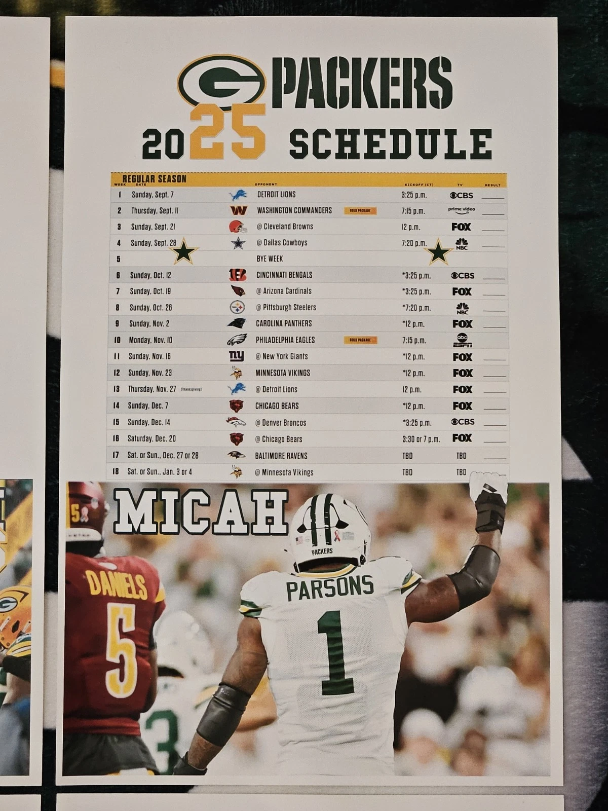 Micah Parsons 2025 Green Bay Packers Poster Schedule
