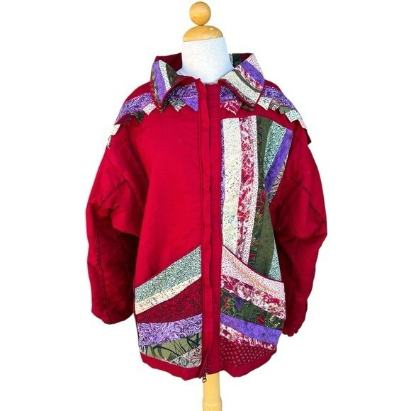 VTG Patchwork Granny Jacket Handmade Red Shabby C… - image 1
