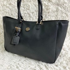 Tory Burch Leather Tote Bag A4 Gold Logo Black