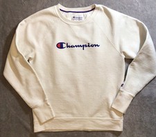 Champion Script Logo Women White Crew Boyfriend Sweatshirt Medium Athletic READ