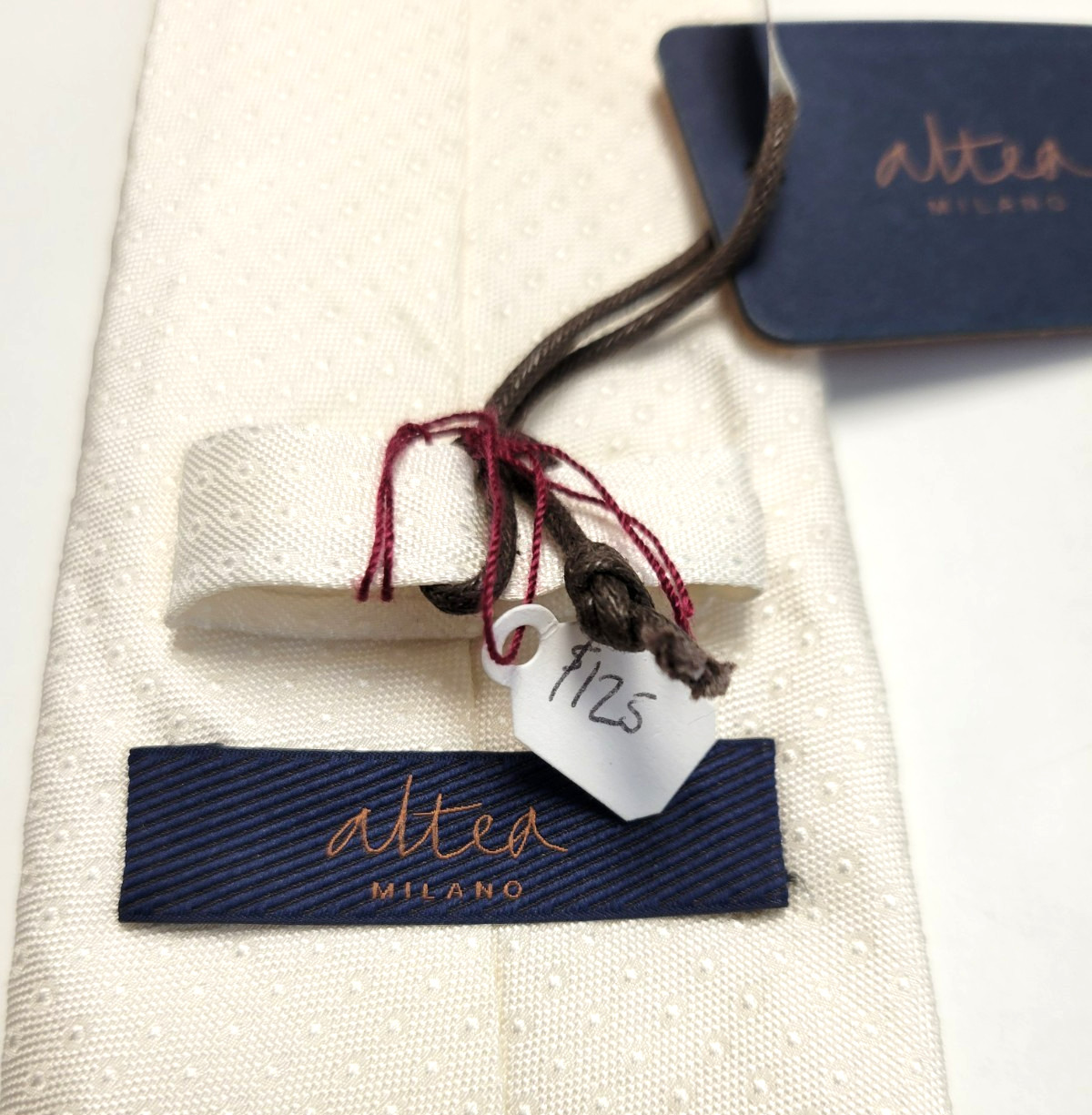 NEW $125 Altea Men's Neck Tie 100% SILK Ivory Textured Dot HAND STITCHED Italy