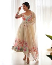 Women Cream Floral Anarkali Gown Silk Dress Dupatta Set For Women