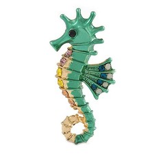 Bright Green/ Gold Enamel Crystal Seahorse Brooch/ Pendant in Gold Tone Metal -