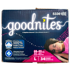 Goodnites Girls L Nighttime Underwear 34 Count 68-95 lbs Size 10-12 NIB Box New