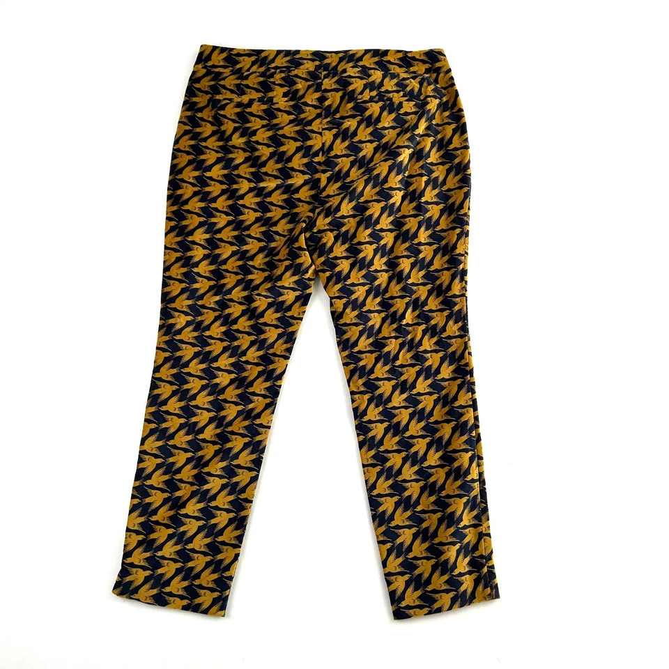 Boden Velvet Trouser Pants Womens Size 18R Gold Navy Novelty Bird Print Mid Rise - Image 2 of 4