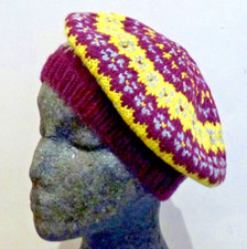 CUTE Nordic vintage style hand made Aran knitted in UK Fairisle beret cap unisex