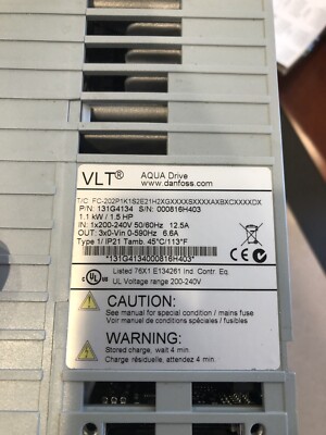 danfuss VLTAQUA DRIVE 1.1Kw 1.5 HP 230 V131G4134 SEC 