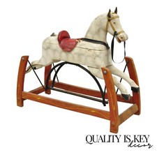 Antique Victorian Rocking Horse Glider Childs Toy Carved Wood White Red Painted