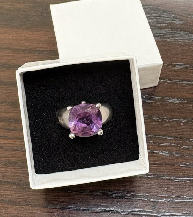 Vtg STS Sterling Silver HUGE Princess Cut PURPLE Amethyst Ring SZ 5.75 & 9.5 G