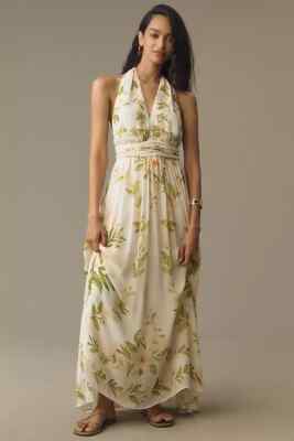 knee length dresses for ladies Farm Rio Tropical Tapestry Off-White Halter Neck Maxi Dress