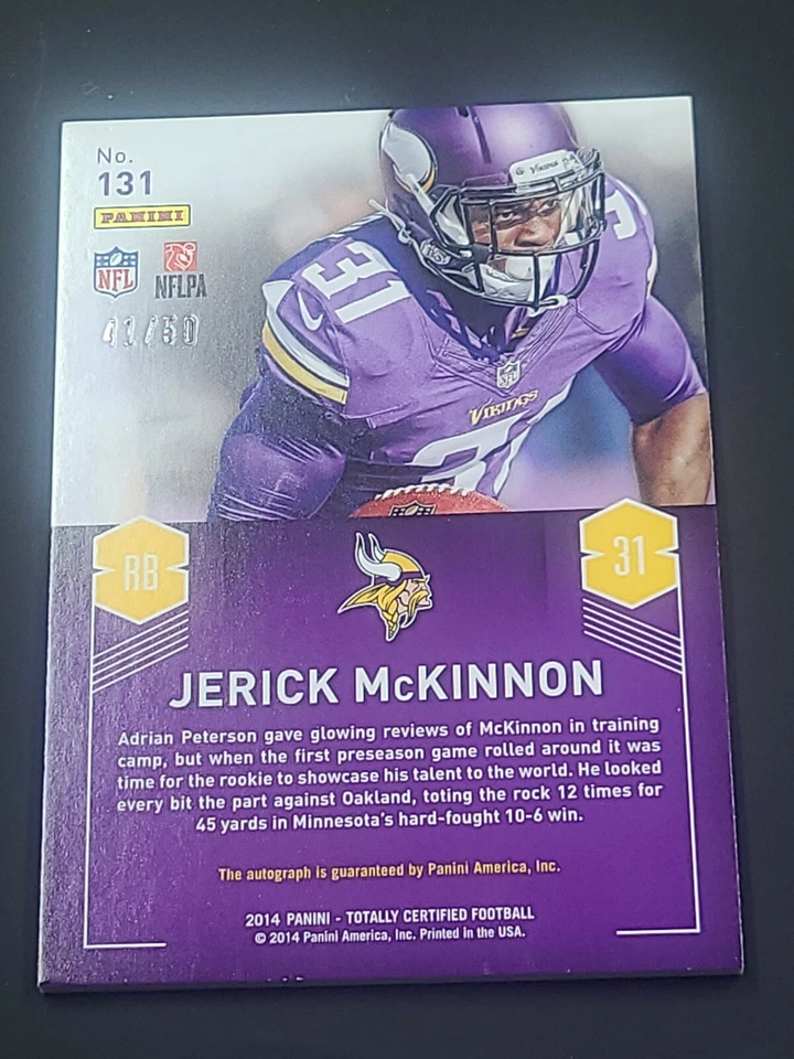 2014 Jerick McKinnon /50 SP Auto Autograph Rookie Red Panini Totally Certified - Image 2 of 2