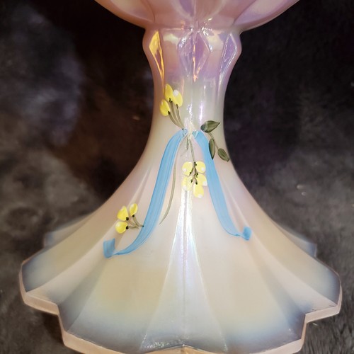 Fenton Iridescent White Opalescent Candle Holder, Hand Painted Signed Vintage - Picture 2 of 12