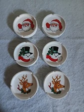 Vintage Christmas 6 Ashtrays/Coasters Santa/Snowman/Reindeer Ceramic Pre-Owned