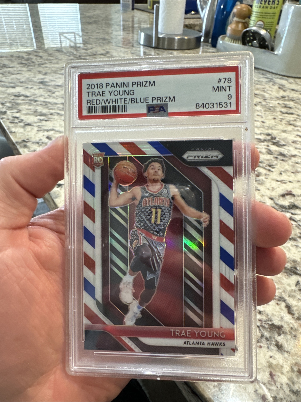 2018-19 Panini Red White Blue Prizm #78 Trae Young Hawks RC Rookie PSA 9 MINT