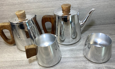 Vintage Sona poliertes Aluminium und Holzgriffe 4 x teiliges Teeservice