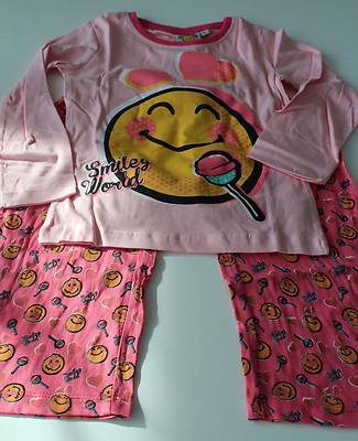 Pyjama Set Schlafanzug Nachtwäsche Mädchen Smiley rosa Gr. 116 128 #40