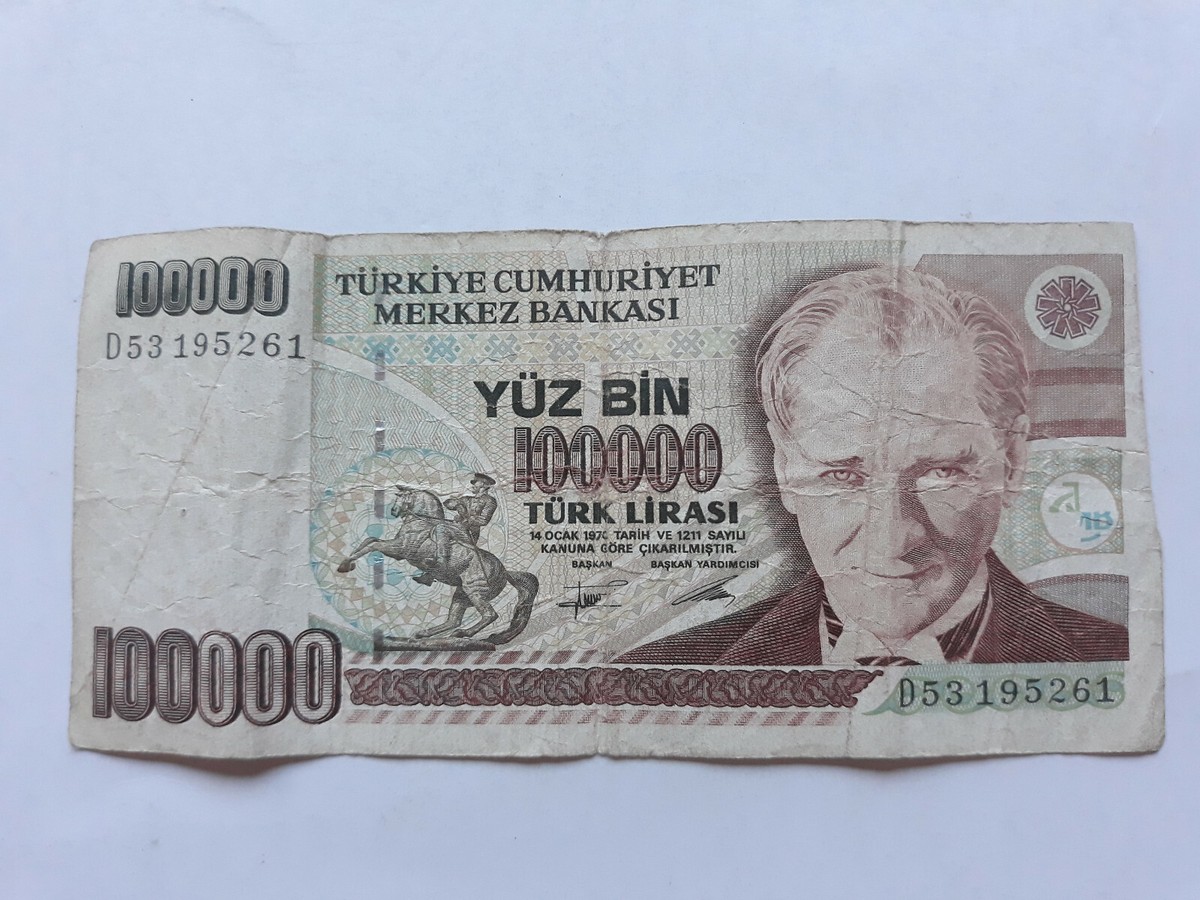 100000 Turk Lirasi Turkey Old Vintage Paper Money Banknote 