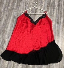 Secret Treasures Women  s Red Shiny Satin Black Raffled Hem Laced Nightdress 2X