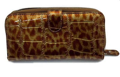 7x4 Genuine Brown Leather High Gloss Leopard Print Woman Fancy Fashion Wallet