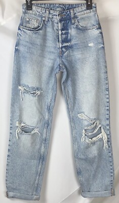H&M Denim 90s Boyfriend Jeans O Lt Blue Distressed Button Fly 26