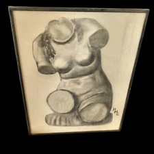 Female Torso Classic Sculpture Charcoal Pencil Sketch Drawing Framed ￼Original
