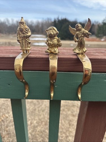 3 VTG SOLID Brass Santa Tree Snowman Stocking Hangers Christmas Holiday HEAVY