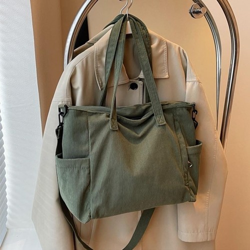 Women's Corduroy Tote Bag Casual Multi Pocket Handbag Adjustable Crossbody