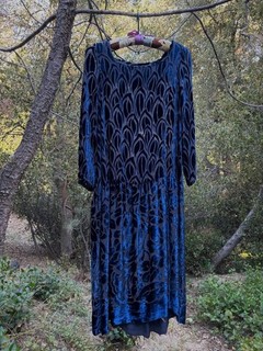 1920s silk velvet devoré Burnout drop waist blue Flapper dress Long Sleeve