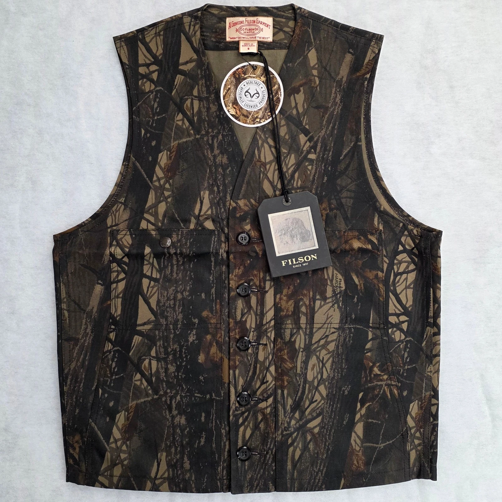 Filson Mens Oil Tin Cloth Vest Size S Realtree Hardwood Camo Water & Wind Resist