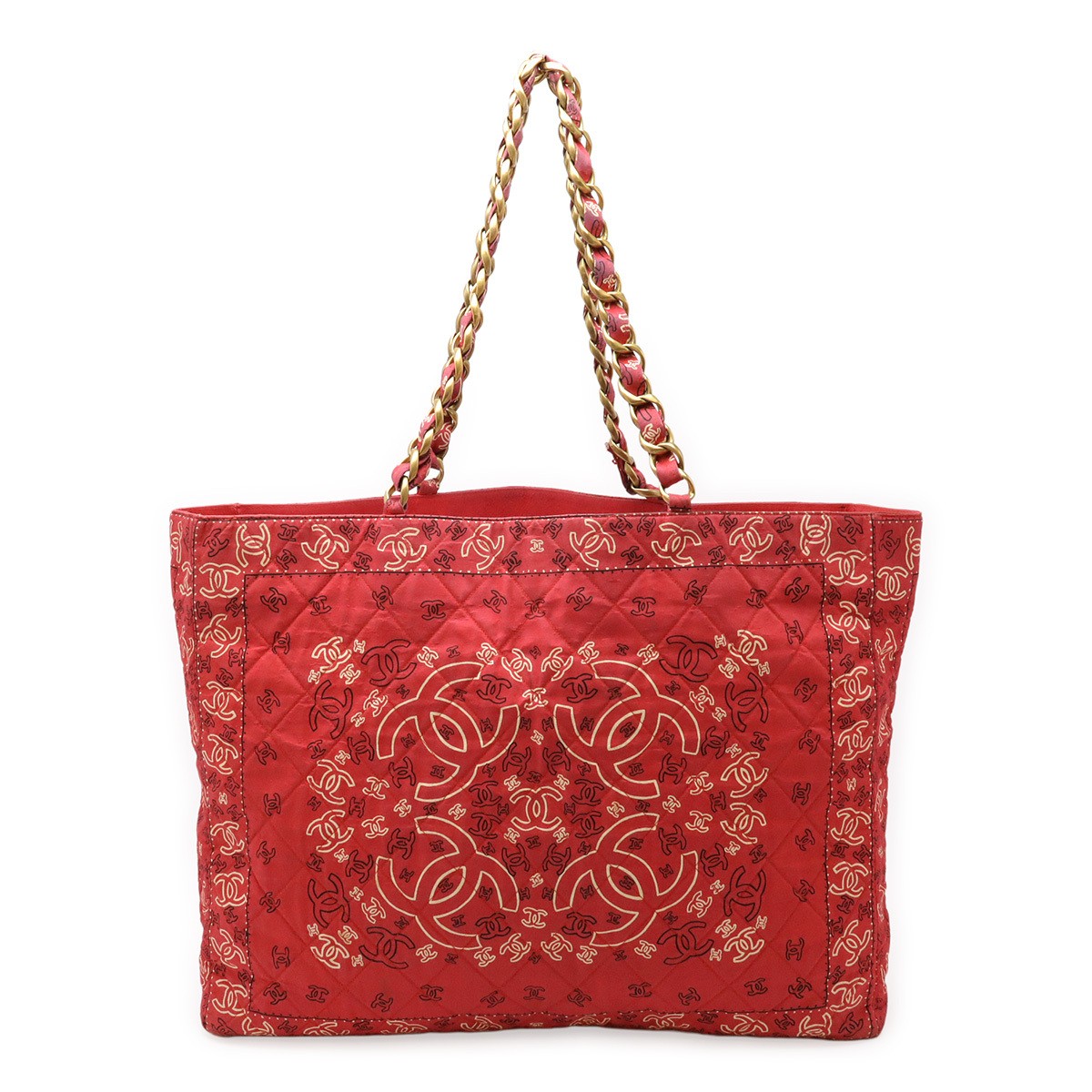 CHANEL Coco Mark Cotton Tote Bag with Chain Shoulder Strap in White