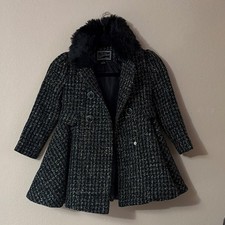 Rothschild Girls Plaid princess Peacoat Black White Faux Fur Collar Size 5
