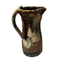 Handmade Pottery Jug Vase Pitcher 10” Signed Art Pottery Drip Glaze