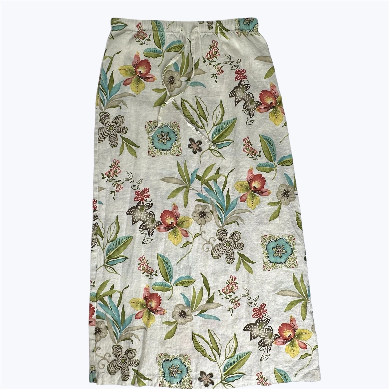 Hot Cotton Linen Maxi Skirt Floral Pull On Spring Earthy Coastal Vtg 90s Sz S
